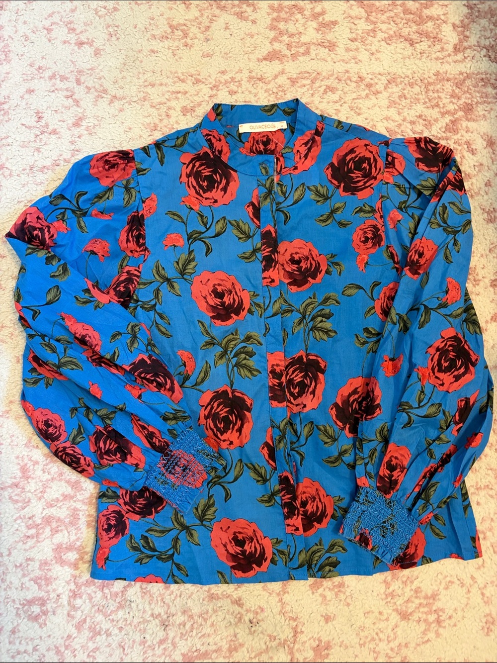 Olivaceous Blue Blouse with Red Rose Print